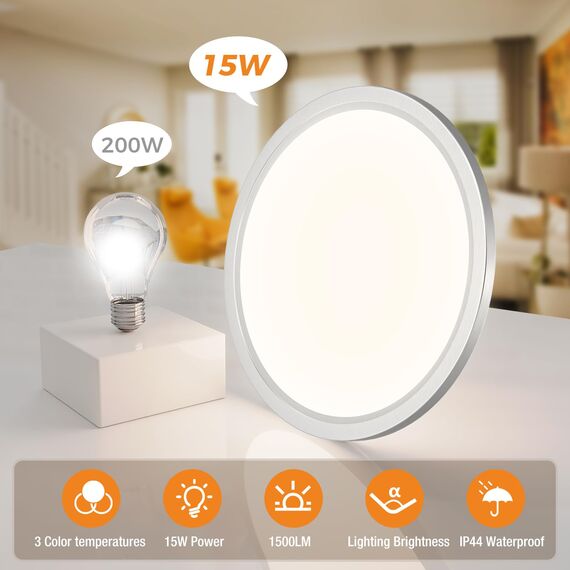 slochi Deckenlampe LED Deckenleuchte Flach, 3Farben - 3000K/4000K/6500K, Wasserfest Rund Badlampe Decke, 1500LM Modern LED Lampen für küche Badezimmer Schlafzimmer Flur Wohnzimmer, Ø18CM Nickelfarbe