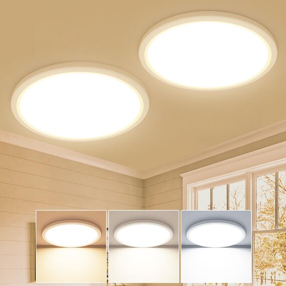 2 Stücke Deckenlampe LED Deckenleuchte Flach 18W, Ø22CM, 3Farben 3000K/4000K/6500K, IP44 Badlampe, 1800LM Modern LED Lampe Decke Küchenlampe für küche Badezimmer Schlafzimmer Flur Wohnzimmer, Weiß