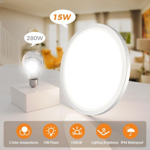 slochi 3Farben 3000/4000/6500K LED Deckenleuchte Flach, Ø18cm 15W 1500LM Deckenleuchten, Rund Modern Deckenlampe LED Lampen Deckenlampen für küche Badezimmer Schlafzimmer Flur Wohnzimmer, 2Stück