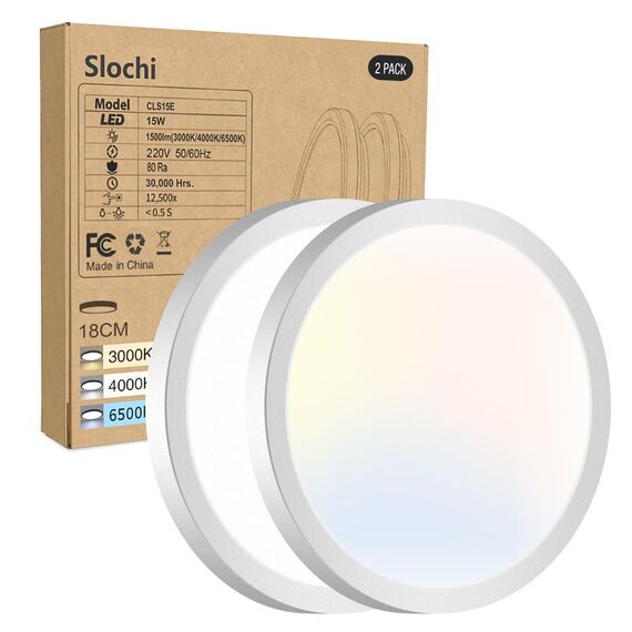 slochi 3Farben 3000/4000/6500K LED Deckenleuchte Flach, Ø18cm 15W 1500LM Deckenleuchten, Rund Modern Deckenlampe LED Lampen Deckenlampen für küche Badezimmer Schlafzimmer Flur Wohnzimmer, 2Stück