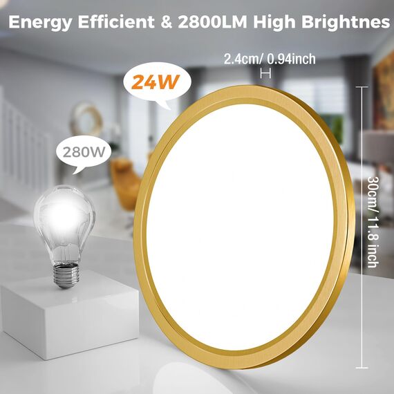 slochi LED Deckenleuchte Flach 24W 2800LM, 3Farben - 3000K/4000K/6500K, Ø30CM Deckenlampe IP54 Wasserfest Rund Badlampe, Modern LED Lampen für küche Badezimmer Schlafzimmer Flur Wohnzimmer, Golden