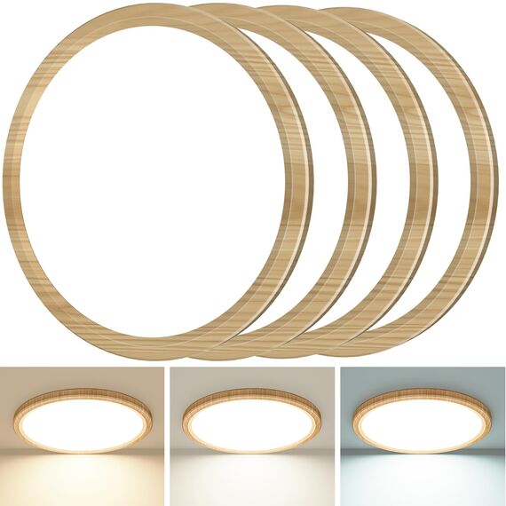 slochi Deckenlampe LED Deckenleuchte Flach 18W, Ø22CM, 3Farben 3000K/4000K/6500K, IP44 Badlampe, 1800LM Modern LED Lampe Decke Küchenlampe für küche Badezimmer Schlafzimmer Wohnzimmer, 4Stück Wooden