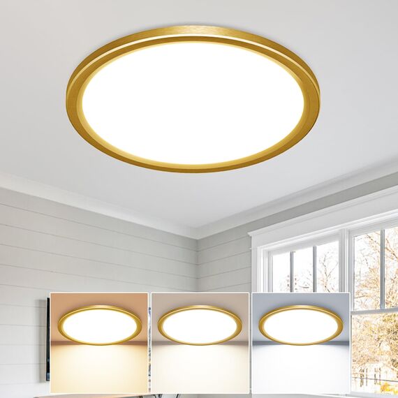 slochi Deckenlampe LED Deckenleuchte Flach 18W, Ø22CM, 3Farben 3000K/4000K/6500K, IP44 Badlampe, 1800LM Modern LED Lampe Decke Küchenlampe für küche Badezimmer Schlafzimmer Wohnzimmer, Golden