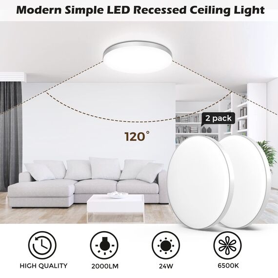 LED Deckenleuchte Deckenlampe Lampe Decke LED [2Stück] Ø28cm 24W,6500K,2000LM,IP44 Wasserfest Rund Modern Schlicht Weiß Badlampe für Kellerlampe,Schlafzimmer,Wohnzimmer,Küchenlampe, Badezimmer,Balkon