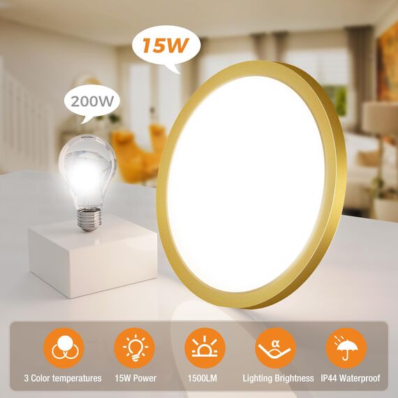slochi Deckenlampe LED Deckenleuchte Flach, 3Farben - 3000K/4000K/6500K, IP44 Wasserfest Rund Badlampe Decke, 1500LM Modern LED Lampen für küche Badezimmer Schlafzimmer Flur Wohnzimmer, Ø18CM Golden