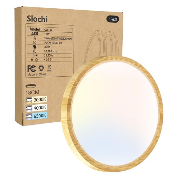 slochi Deckenlampe LED Deckenleuchte Flach, 3Farben - 3000K/4000K/6500K, IP44 Wasserfest Rund Badlampe Decke, 1500LM Modern LED Lampen für küche Badezimmer Schlafzimmer Flur Wohnzimmer, Ø18CM Wooden