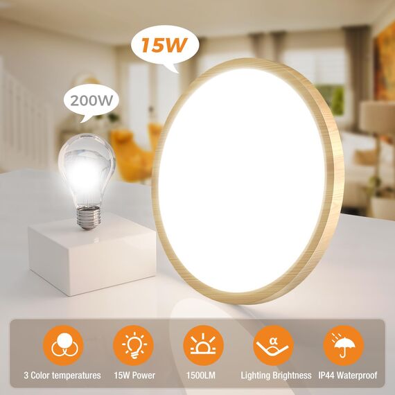 slochi Deckenlampe LED Deckenleuchte Flach, 3Farben - 3000K/4000K/6500K, IP44 Wasserfest Rund Badlampe Decke, 1500LM Modern LED Lampen für küche Badezimmer Schlafzimmer Flur Wohnzimmer, Ø18CM Wooden