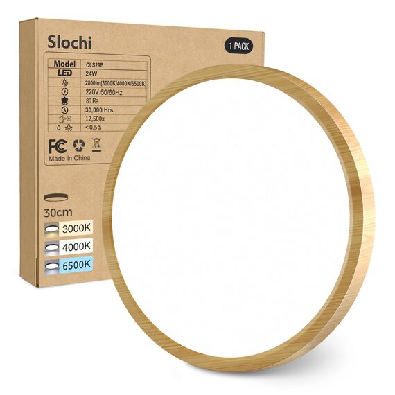 slochi LED Deckenleuchte Flach 24W 2800LM, 3Farben - 3000K/4000K/6500K, Ø30CM Deckenlampe IP54 Wasserfest Rund Badlampe, Modern LED Lampen für küche Badezimmer Schlafzimmer Flur Wohnzimmer, Wooden