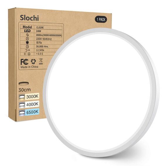 slochi LED Deckenleuchte Flach 24W 2800LM, 3Farben - 3000K/4000K/6500K, Ø30CM Deckenlampe IP54 Wasserfest Rund Badlampe, Modern LED Lampen für küche Badezimmer Schlafzimmer Flur Wohnzimmer, Weiß