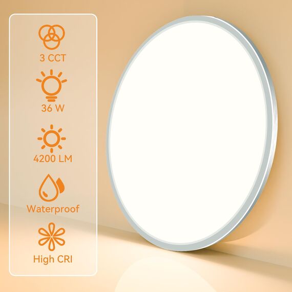 slochi Deckenlampe LED Deckenleuchte Flach 36W, Ø40CM, 3Farben 3000K/4000K/6500K, IP44 Badlampe, 4200LM LED Lampe Decke Küchenlampe für küche Badezimmer Schlafzimmer Flur Wohnzimmer, Nickelfarbe
