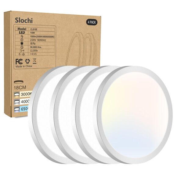 slochi Deckenlampe LED Deckenleuchte Flach, 3Farben - 3000K/4000K/6500K, IP44 Wasserfest Rund Badlampe Decke, 1500LM LED Lampen für küche Badezimmer Schlafzimmer Flur Wohnzimmer, Ø18CM 4Stück Weiß