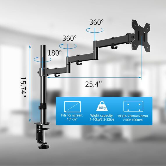 Monitorhalterung,Vesa Tischhalterung Bildschirmhalterung Höhenverstellbar für LED und LCD 17-32 Zoll Monitor Tischhalterung,710mm Extra Langer Arm Neigbar 180° Schwenkbar 360° bis 10 kg,VESA 75/100 mm