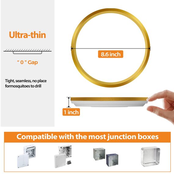 slochi Deckenlampe LED Deckenleuchte Flach 18W, Ø22CM, 3Farben 3000K/4000K/6500K, IP44 Badlampe, 1800LM Modern LED Lampe Decke Küchenlampe für küche Badezimmer Schlafzimmer Wohnzimmer, Golden