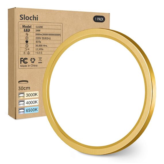 slochi LED Deckenleuchte Flach 24W 2800LM, 3Farben - 3000K/4000K/6500K, Ø30CM Deckenlampe IP54 Wasserfest Rund Badlampe, Modern LED Lampen für küche Badezimmer Schlafzimmer Flur Wohnzimmer, Golden