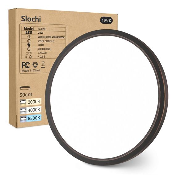 slochi LED Deckenleuchte Flach 24W 2800LM, 3Farben - 3000K/4000K/6500K, Ø30CM Deckenlampe IP54 Wasserfest Rund Badlampe, Modern LED Lampen für küche Badezimmer Schlafzimmer Wohnzimmer, Antikbronze