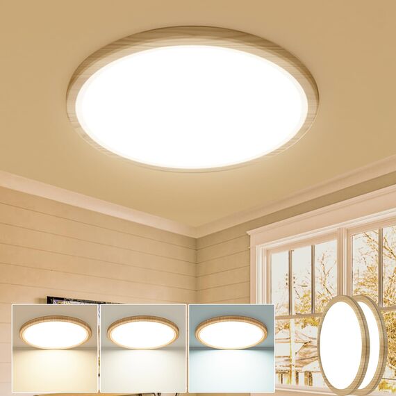 slochi Deckenlampe LED Deckenleuchte Flach 18W, Ø22CM, 3Farben 3000K/4000K/6500K, IP44 Badlampe, 1800LM Modern LED Lampe Decke Küchenlampe für küche Badezimmer Schlafzimmer Wohnzimmer, 2Stück Wooden