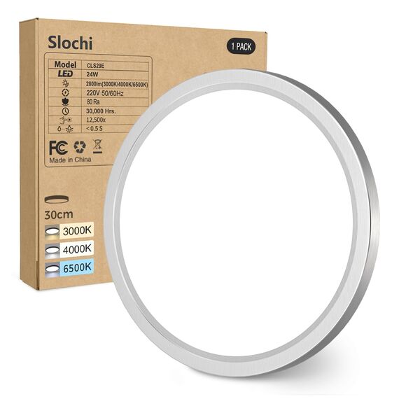 slochi LED Deckenleuchte Flach 24W 2800LM, 3Farben - 3000K/4000K/6500K, Ø30CM Deckenlampe IP54 Wasserfest Rund Badlampe, Modern LED Lampen für küche Badezimmer Schlafzimmer Wohnzimmer, Nickelfarbe