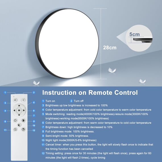Deckenlampe LED Deckenleuchte Flach Dimmbar mit Fernbedienung, 3000K~6500K, 24W, 2000LM, IP44 Wasserfest Deckenleuchten Rund, Küchenlampe LED Lampen Decke für Schlafzimmer/Wohnzimmer/BadØ28cm-Schwarz