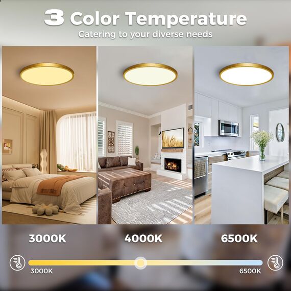 slochi LED Deckenleuchte Flach 24W 2800LM, 3Farben - 3000K/4000K/6500K, Ø30CM Deckenlampe IP54 Wasserfest Rund Badlampe, Modern LED Lampen für küche Badezimmer Schlafzimmer Flur Wohnzimmer, Golden