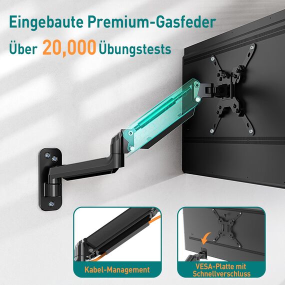 ELIVED Monitor Wandhalterung für Max. 35" Bildschirme bis zu 12kg, VESA 75/100/200mm, Gasdruckfeder PC Monitor Hatlerung Wand, Höhenverstellbar Monitorhalterung, Ultrawide Premium-Monitorarm EV6023