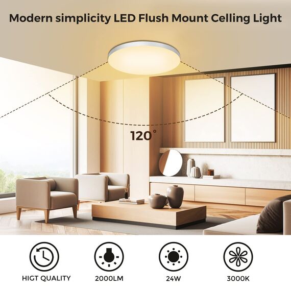 Deckenlampe LED Lampe Decke Deckenleuchte Flach Ø28cm 24W, 3000K, 2000LM, IP44 Wasserfest Rund Modern Schlicht Warmweiß Badlampe für Kinderzimmer/ Schlafzimme/Wohnzimmer/Küchenlampe/Badezimmer/Balkon