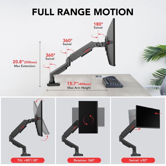 KOORUI Monitor Halterung Für 17-32 Zoll Flach & Curved Bildschirme, Gasdruckfeder Arm, VESA 75 & 100 mm Tischhalterung, Höhenverstellbar mit Neigungen, Schwenken, Dreht