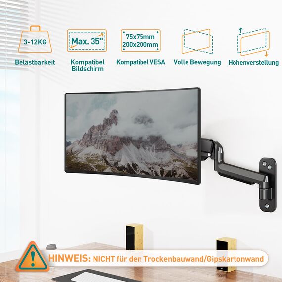 ELIVED Monitor Wandhalterung für Max. 35" Bildschirme bis zu 12kg, VESA 75/100/200mm, Gasdruckfeder PC Monitor Hatlerung Wand, Höhenverstellbar Monitorhalterung, Ultrawide Premium-Monitorarm EV6023