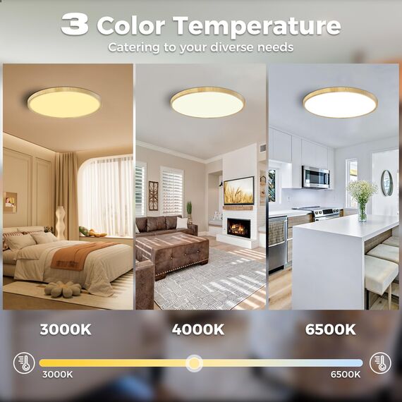 slochi LED Deckenleuchte Flach 24W 2800LM, 3Farben - 3000K/4000K/6500K, Ø30CM Deckenlampe IP54 Wasserfest Rund Badlampe, LED Lampen für küche Badezimmer Schlafzimmer Flur Wohnzimmer, 4Stück Wooden