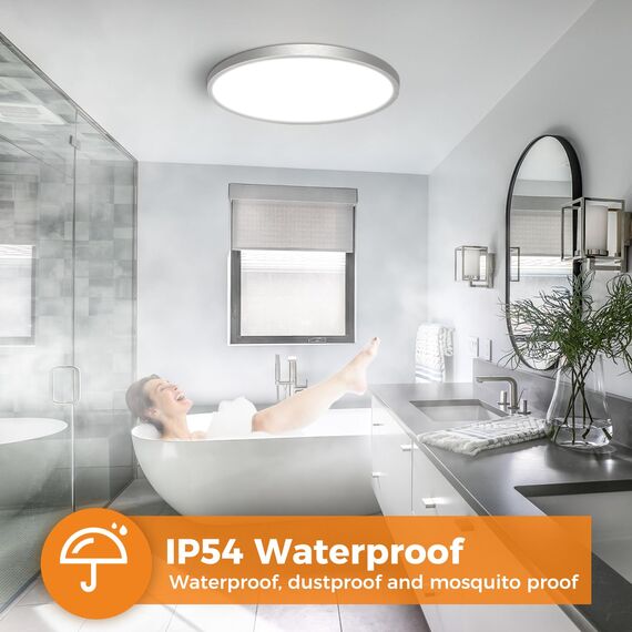 slochi LED Deckenleuchte Flach 24W 2800LM, 3Farben - 3000K/4000K/6500K, Ø30CM Deckenlampe IP54 Wasserfest Rund Badlampe, Modern LED Lampen für küche Badezimmer Schlafzimmer Wohnzimmer, Nickelfarbe