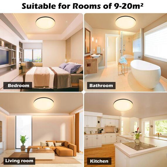 Deckenlampe LED Deckenleuchte Flach Lampe Decke Ø28cm 24W, 3000K, 2000LM, IP44 Wasserfest Rund Modern Schlicht Lampe für Badezimmer, Balkon, Schlafzimmer, Wohnzimmer, Küchenlampe, Kinderzimmer-Schwarz