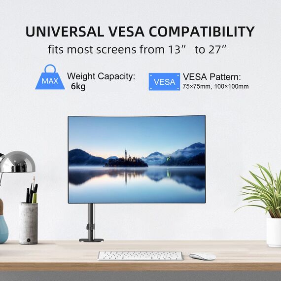 Pholiten Monitor Halterung für 13-32 Zoll LCD LED Bildschirm Hält 3-6 kg, Gasdruckfeder Einarmig Monitor Arm 360° Drehbar, Neigbar, Vesa 75/100