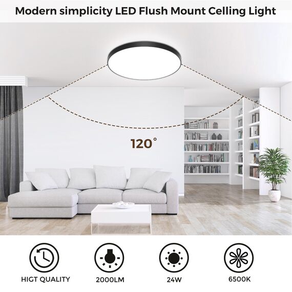 LED Deckenleuchte Lampe Decke Deckenlampe LED Ø28cm 24W/6500K/2000LM/IP44 Wasserfest Badlampe Rund Modern Schlicht für Badezimmer, Schlafzimmer, Wohnzimmer, Küchenlampe, Kinderzimmer, Balkon-Schwarz