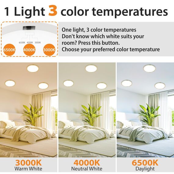 slochi Deckenlampe LED Deckenleuchte Flach 18W, Ø22CM, 3Farben 3000K/4000K/6500K, IP44 Badlampe, 1800LM Modern LED Lampe Decke Küchenlampe für küche Badezimmer Schlafzimmer Wohnzimmer, Wooden