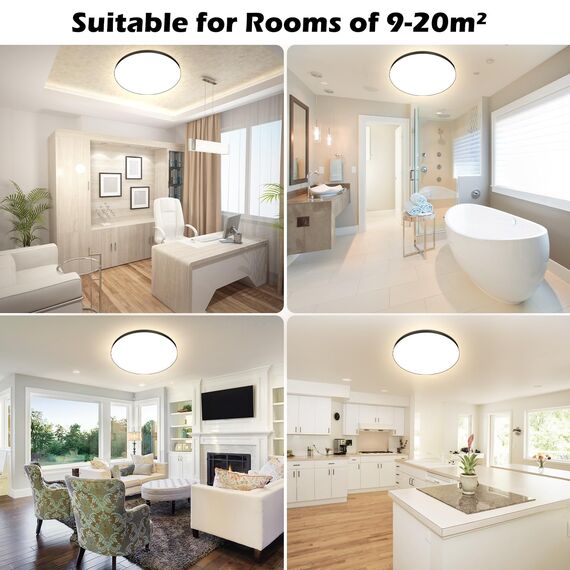 Deckenlampe LED Deckenleuchte Ø28cm 24W,4000K,2000LM,IP44 Wasserfest Rund Badezimmer Lampe,Küchenlampen Decke Badlampe Modern Schlicht Weiß Ultra Dünn Ideal für Bad/Balkon/Flur/Schlafzimmer-Schwarz