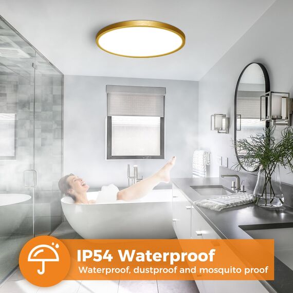 slochi LED Deckenleuchte Flach 24W 2800LM, 3Farben - 3000K/4000K/6500K, Ø30CM Deckenlampe IP54 Wasserfest Rund Badlampe, Modern LED Lampen für küche Badezimmer Schlafzimmer Flur Wohnzimmer, Golden