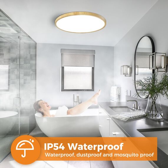 slochi LED Deckenleuchte Flach 24W 2800LM, 3Farben - 3000K/4000K/6500K, Ø30CM Deckenlampe IP54 Wasserfest Rund Badlampe, LED Lampen für küche Badezimmer Schlafzimmer Flur Wohnzimmer, 4Stück Wooden