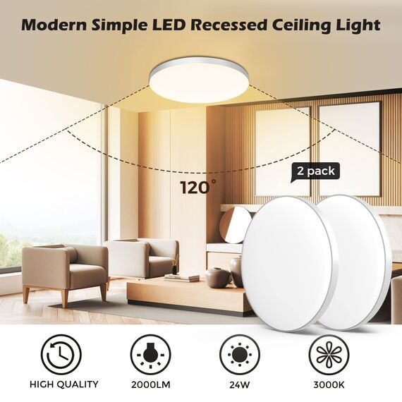 Deckenlampe LED Lampe Decke Deckenleuchte Flach [2 Stück] Ø28cm 24W, 3000K, 2000LM, IP44 Wasserfest Rund Modern Schlicht Warmweiß Badlampe für Kinderzimmer/Schlafzimmer/Küchenlampe/Badezimmer/Balkon