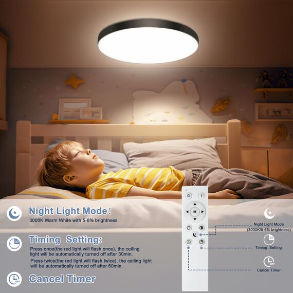 Deckenlampe LED Deckenleuchte Flach Dimmbar mit Fernbedienung, 3000K~6500K, 24W, 2000LM, IP44 Wasserfest Deckenleuchten Rund, Küchenlampe LED Lampen Decke für Schlafzimmer/Wohnzimmer/BadØ28cm-Schwarz