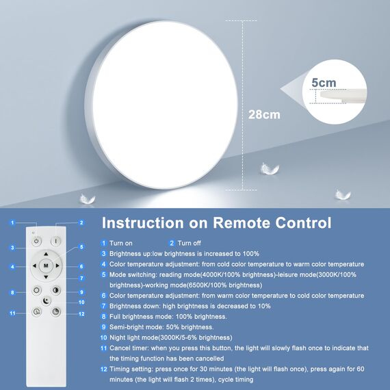 LED Deckenleuchte Flach Deckenlampe Dimmbar mit Fernbedienung [2 Stück] 3000K~6500K,24W, 2000LM, IP44 Wasserfest Deckenleuchten Rund, Küchenlampe LED Lampen Decke für Schlafzimmer/Wohnzimmer/Bad Ø28cm