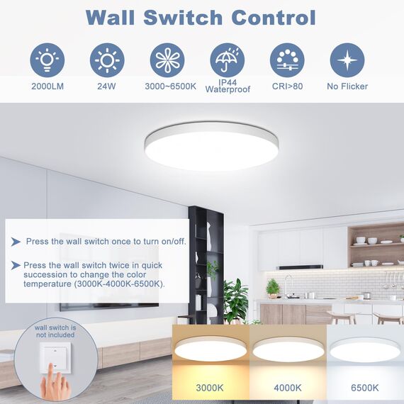 LED Deckenleuchte Flach Deckenlampe Dimmbar mit Fernbedienung [2 Stück] 3000K~6500K,24W, 2000LM, IP44 Wasserfest Deckenleuchten Rund, Küchenlampe LED Lampen Decke für Schlafzimmer/Wohnzimmer/Bad Ø28cm