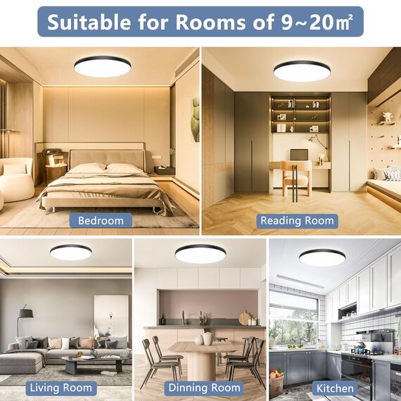 Deckenlampe LED Deckenleuchte Flach Dimmbar mit Fernbedienung, 3000K~6500K, 24W, 2000LM, IP44 Wasserfest Deckenleuchten Rund, Küchenlampe LED Lampen Decke für Schlafzimmer/Wohnzimmer/BadØ28cm-Schwarz