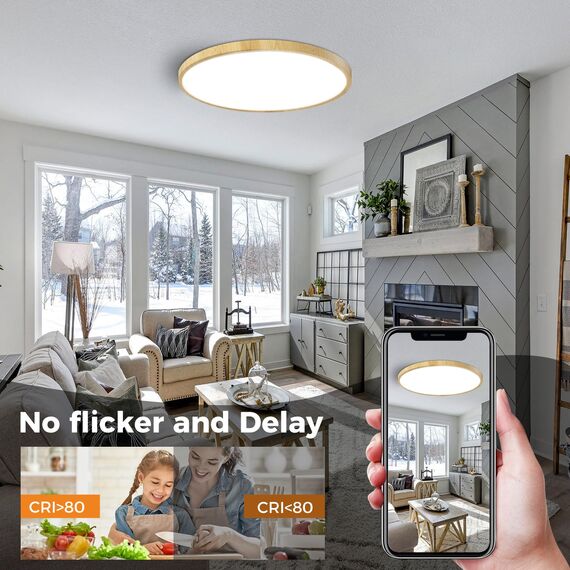 slochi LED Deckenleuchte Flach 24W 2800LM, 3Farben - 3000K/4000K/6500K, Ø30CM Deckenlampe IP54 Wasserfest Rund Badlampe, LED Lampen für küche Badezimmer Schlafzimmer Flur Wohnzimmer, 2Stück Wooden