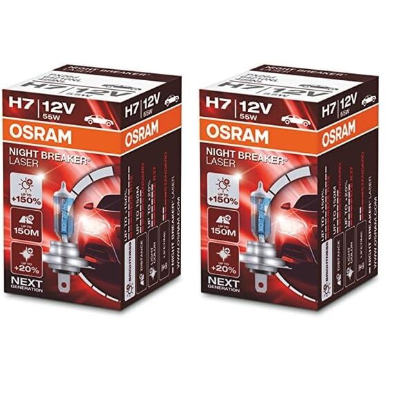 Osram NIGHT BREAKER LASER H7, +150% mehr Helligkeit, Halogen-Scheinwerferlampe, 64210NL, 12V PKW, Faltschachtel (1 Lampe) (Packung mit 2)