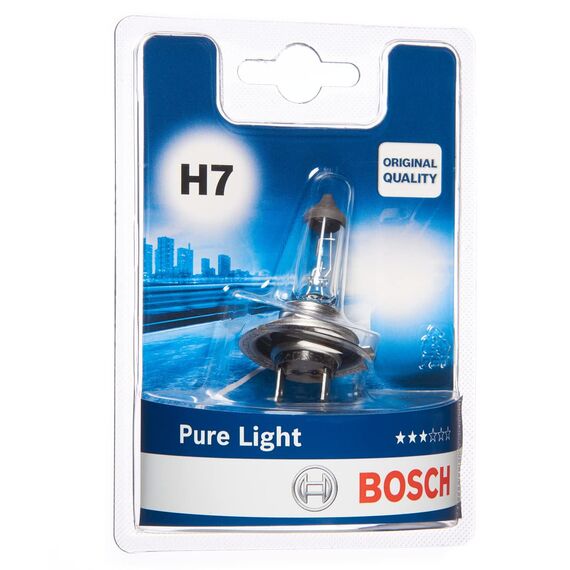 Bosch H7 Pure Light Halogen-Glühlampe für Auto-Scheinwerfer, 12 V 55 W, in Originalqualität - Lampensockel Typ PX26d - 1 Ersatz-Scheinwerferlampe