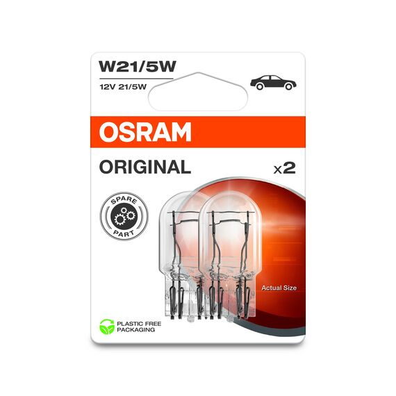 Osram ORIGINAL LINE, W21/5W, signal lamps with Glass wedge base, double blister (2 lamps), white