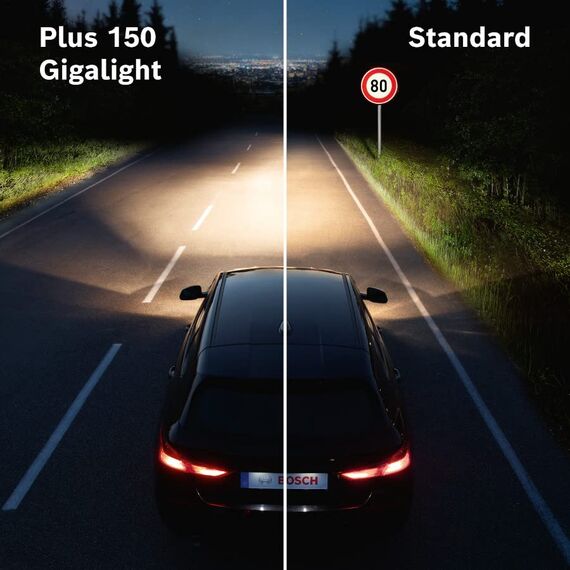 Bosch H7 Plus 150 Gigalight Halogen-Glühlampe für Auto-Scheinwerfer, 12 V 55 W, 150 % mehr Licht - Lampensockel Typ PX26d - 1 Ersatz-Scheinwerferlampe