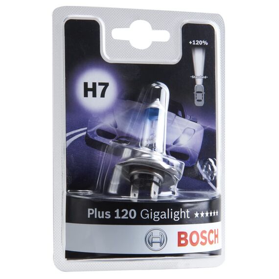 Bosch H7 Plus 120 Gigalight Halogen-Glühlampe für Auto-Scheinwerfer, 12 V 55 W, 120 % mehr Licht - Lampensockel Typ PX26d - 1 Ersatz-Scheinwerferlampe