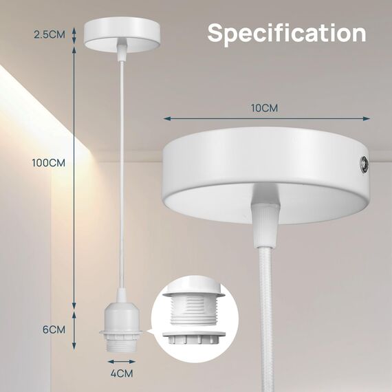 Linkind 2er Lampenfassung mit Befestigungsring, 100cm Lampenaufhängung Lampenschirm frei wählbar Schnurpendel mit E27 Fassung, Hängelampe für Restaurant, Weiß