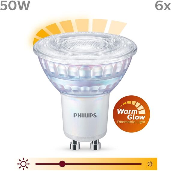 Philips LED Classic GU10 Lampen Warm Glow 6-er Pack (50 W), dimmbare Reflektor LED Spots mit warmweißem Licht, energiesparende Lampen mit langer Nutzlebensdauer, Warmglow Dimmbar