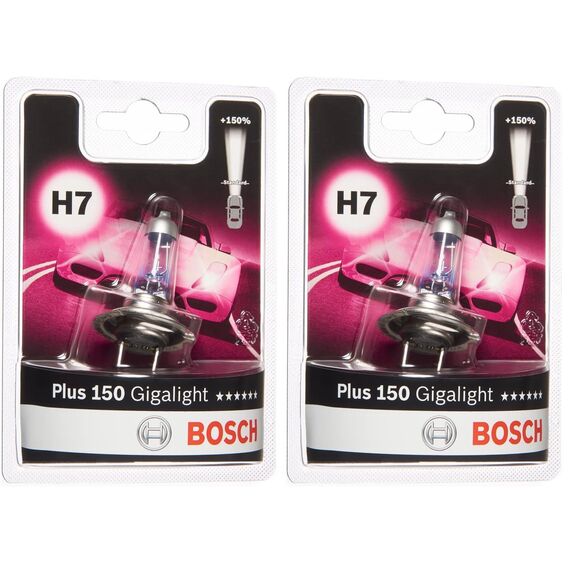 Bosch H7 Plus 150 Gigalight Halogen-Glühlampe für Auto-Scheinwerfer, 12 V 55 W, 150% mehr Licht - Lampensockel Typ PX26d - 1 Ersatz-Scheinwerferlampe (Packung mit 2)